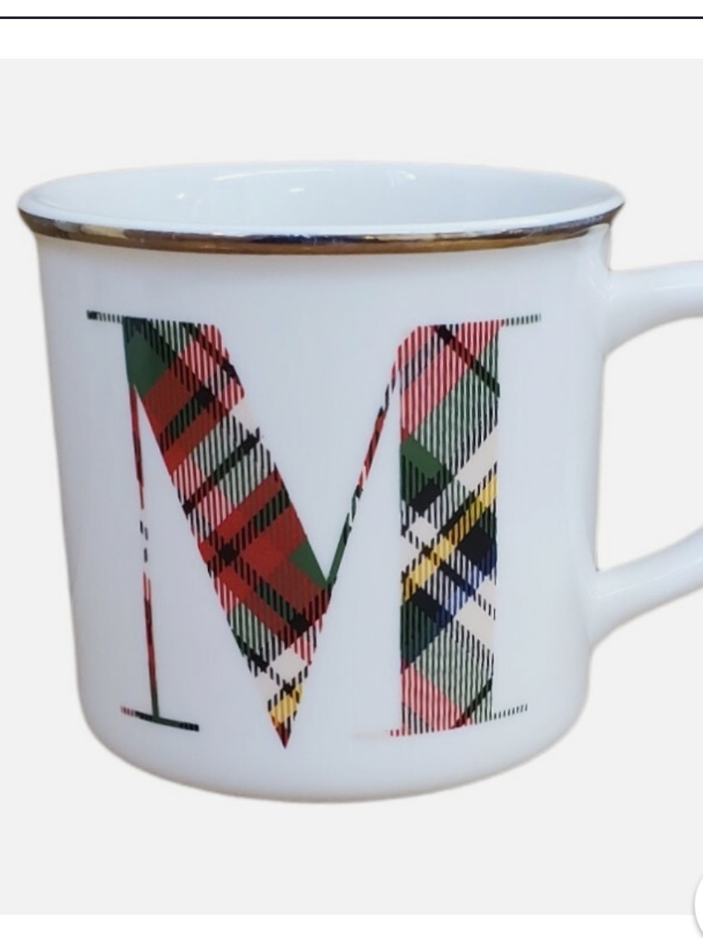 Pottery Barn White Ceramic Monogram 'M' Stewart Plaid Accent Mug with Gold Rim